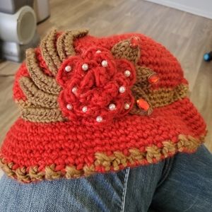 Red and Brown Knit Hat with Flower Accent